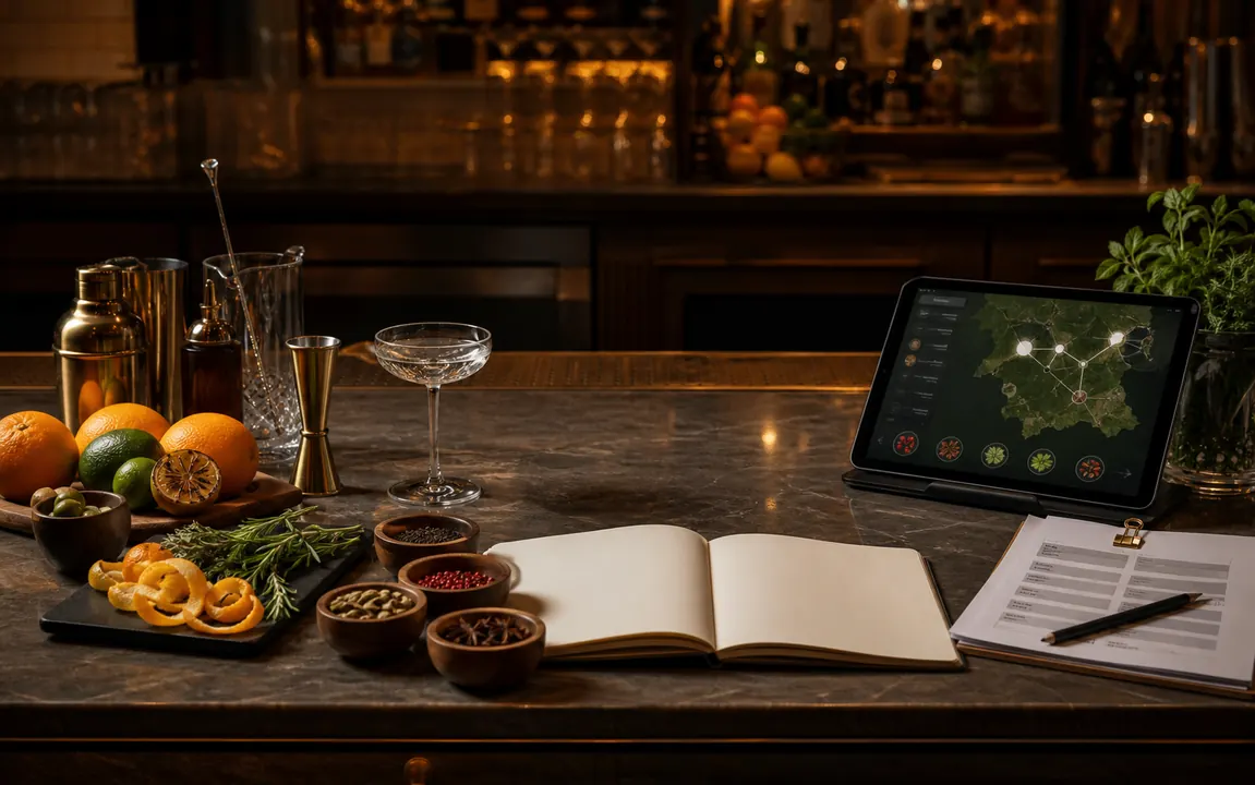Upscale restaurant bar menu development workspace with citrus, herbs, spices, bar tools, a notebook, and a tablet for ingredient sourcing research.