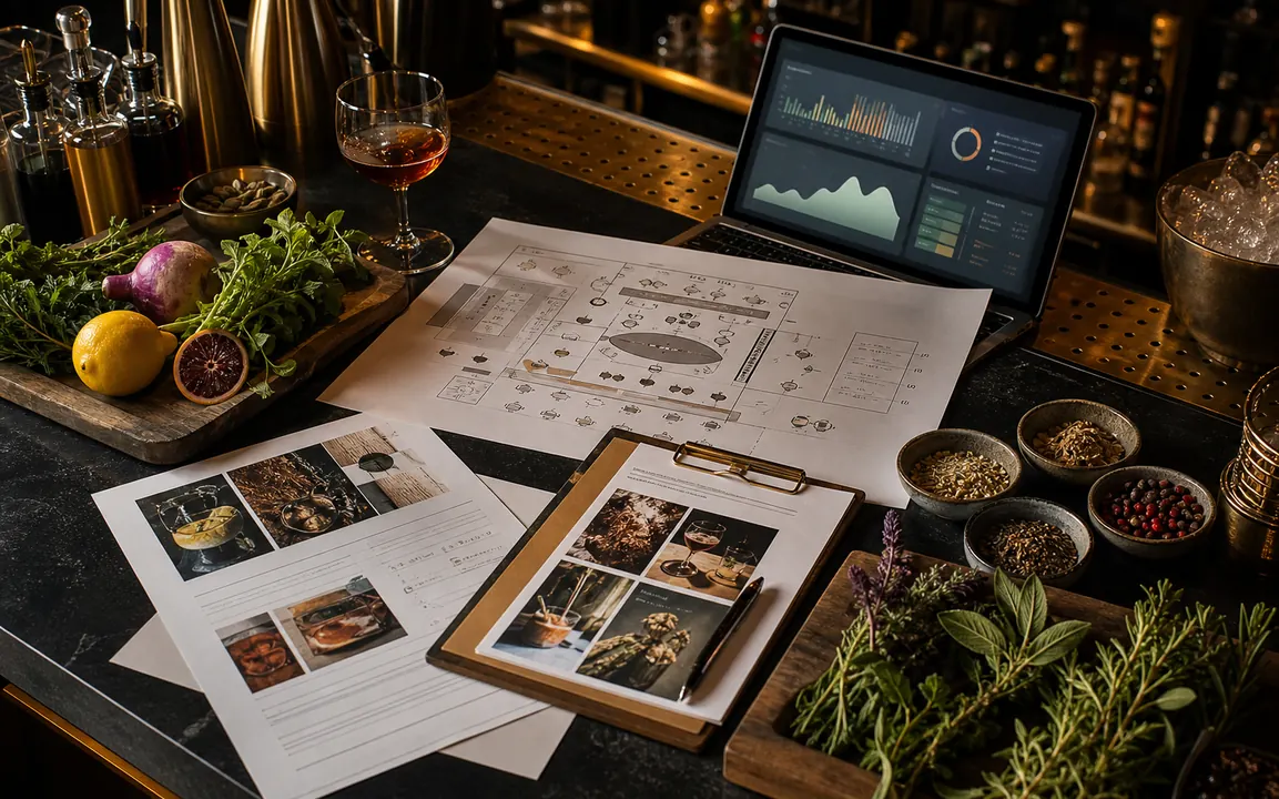 Beverage program playbook with local produce, herbs, citrus, bar tools, and operations planning notes.