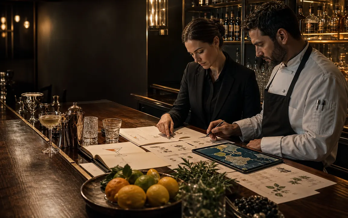 Chef and operator reviewing menu development sketches at a restaurant bar.